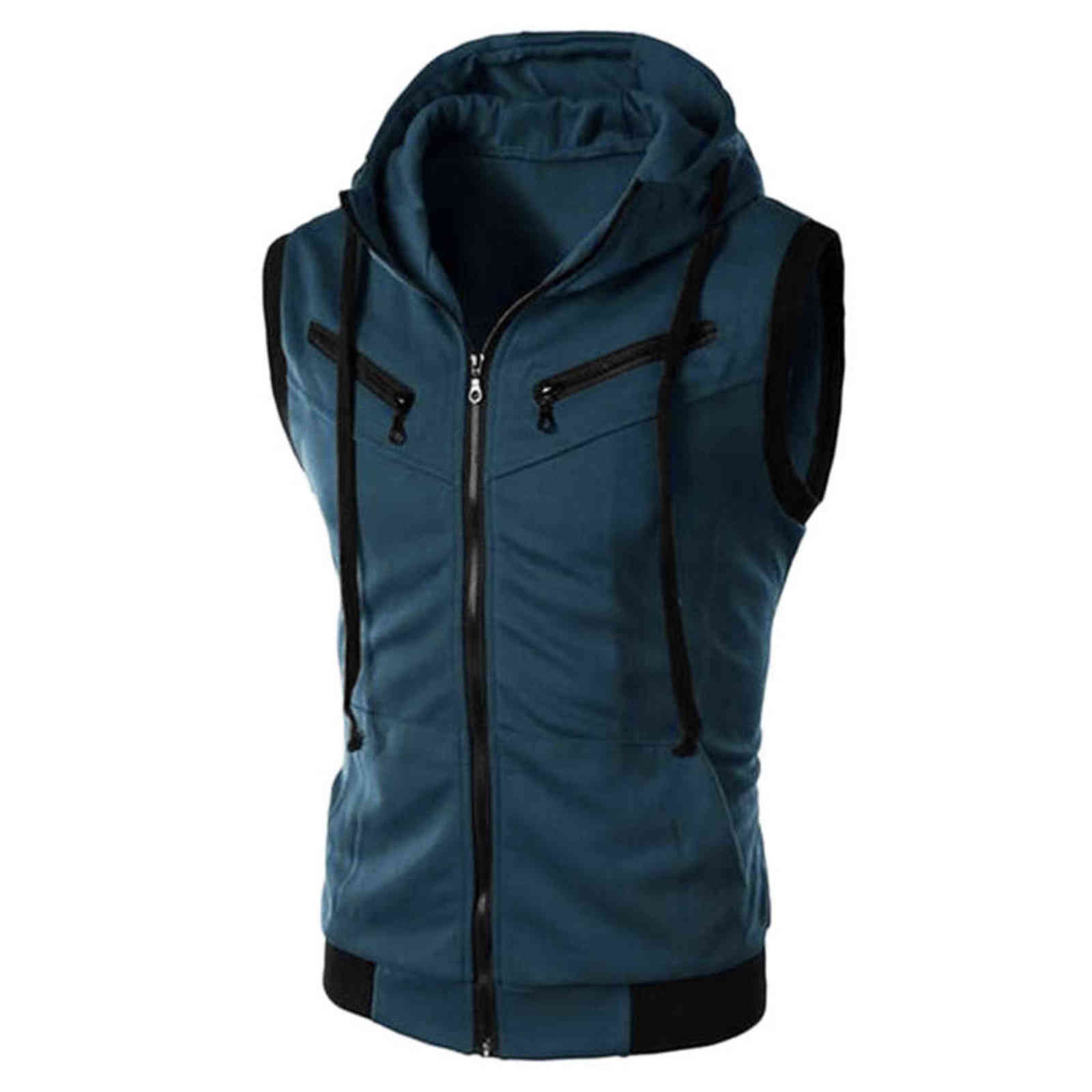 LUCLESAM Men Sleeveless Slim Fit Hoodie Vest Zipper Drawstring Gilet Jacket with Pockets veste sans manche chalecos para hombre 211111