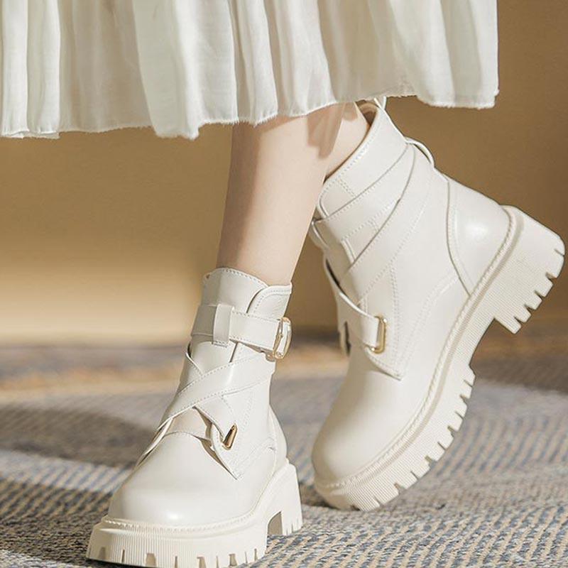 Boots Women 2021 Autumn Waterproof Solid Color Platform Woman Breathable Buckle Casual Shoes Sneakers