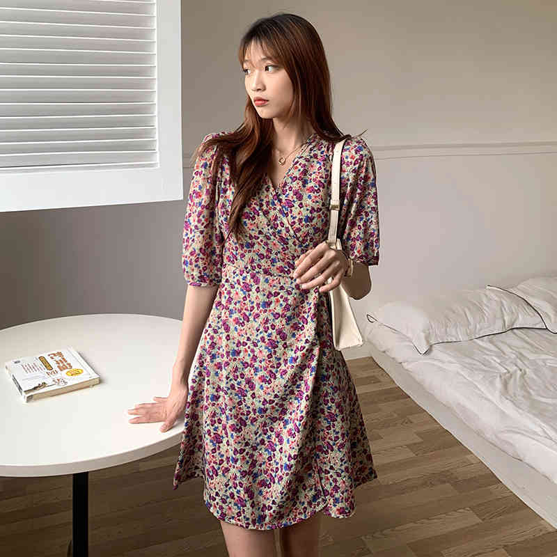Neploe Women Short Sleeve Dress Print V Neck Female Elegant Chiffon High Waist A-line Dresses Korean Fashion Vintage Vestidos 210422