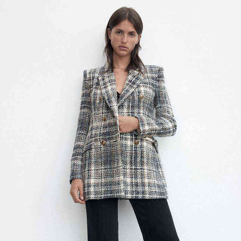 autumn and winter casual plaid double-breasted texture with shoulder pads suit jacket women 211104