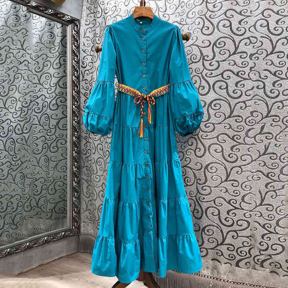 Bohemian Long Dress Women's Stand Collar Lantern Sleeve High Waist Belt Casual Women Fashion Style 210525