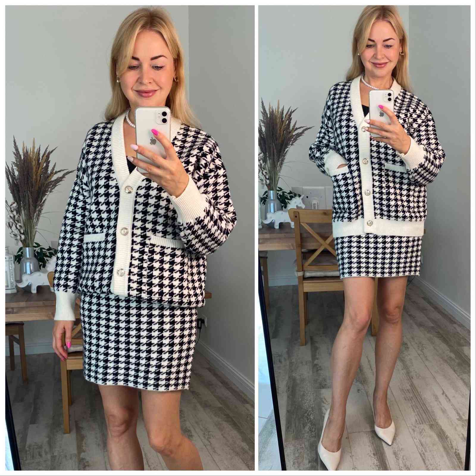 white black thick Houndstooth sweater cardigans jacket ladies women thick sweater coat v-neck cardigan jacket coat outwear 211117