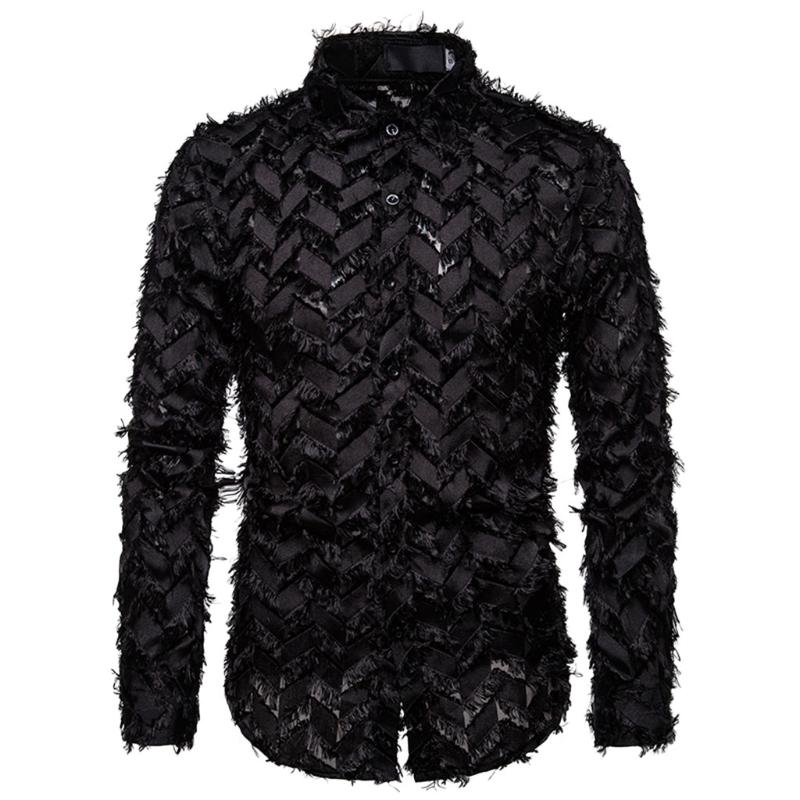 Fashion Men Shirts Vintage Floral Plume Long Sleeve Loose Luxury Designer Man Clothing Black White Casual Men's
