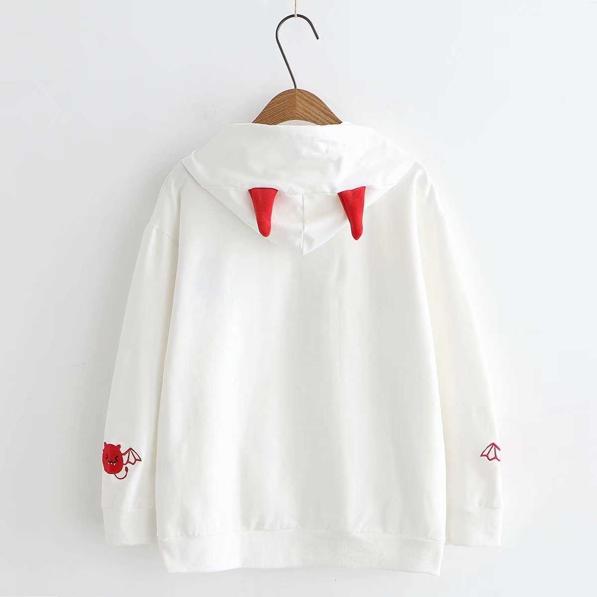 Harajuku Hoodies Girl Little Devil Horns Gothic Hooded Sweatshirts Women Autumn Loose Lolita Pullovers Tops Black White T191118