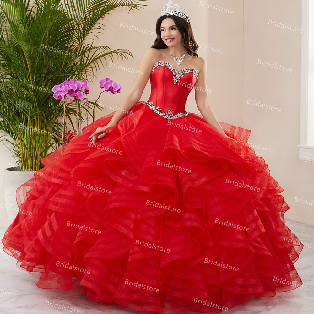 Classy Red Cascading Ruffles Quinceanera Dresses 2021 Elegant Sweetheart Ball Gown Sweet 15 Dress Masquerade Prom Party Gowns With Beaded Crystal vest