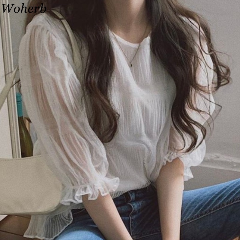 Elegant Thin Chiffon Blouse Women Summer See Through Top Pleated Transparent Puff Sleeve Shirt Casual Tops Blusas 210519