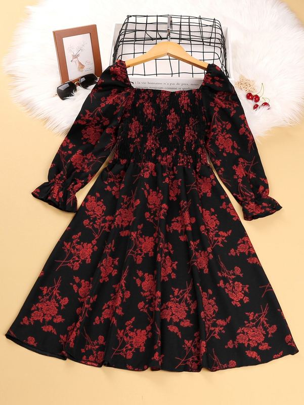 Girls Floral Print Flounce Sleeve Shirred Dress SHE