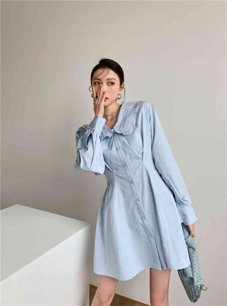 Peter Pan Collar Light Blue Button Up Casual Dress Women Long Sleeve A Line Tunic Mini Korean Fashion Clothing 210427