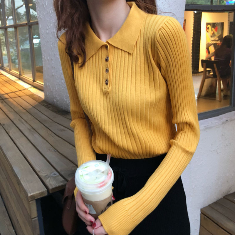 Turn Down Collar Button Eibbed Solid Stripe Knitwear Tops Women High Elastic Slim Sweater Base Shirt Elegant Knitted Jumper 210522