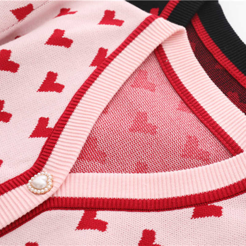 Preppy Style Pink Heart Knit Cardigans Intarsia Sweater Women V Neck Loose Elegaht Thicken Pull Femme Casual Coat C-099 210812
