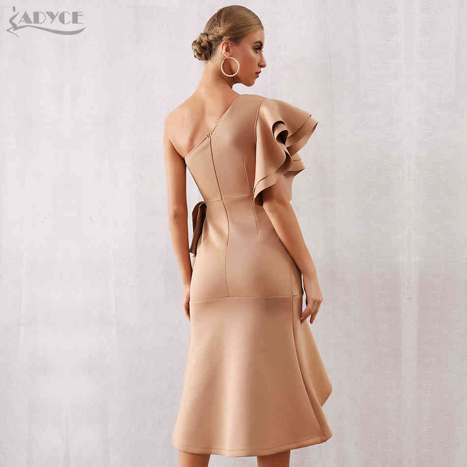 Summer Women One Shoulder Celebrity Party Dress Sexy Khaki Red Ruffles Bodycon Mermaid Club 210423