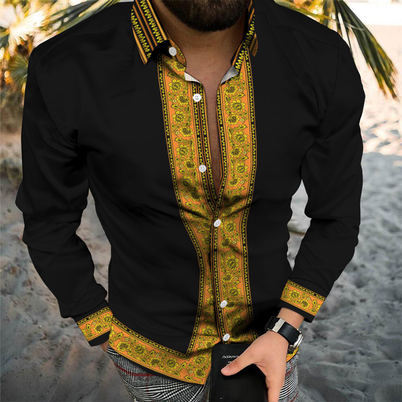 Retro Printing Long Sleeve Men Shirts Spring Autumn Casual Turn-down Collar Button Cardigan Tops Mens Fashion Clothes Streetwear 220309