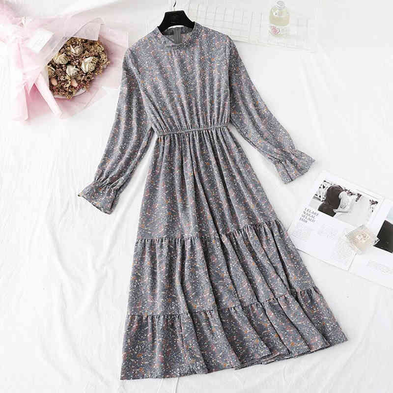 Spring Women Chiffon Dress Flare Sleeve Vintage Print Ruffles Midi Dress Casual Elastic Waist Elegant Party Dress Vestidos 210521