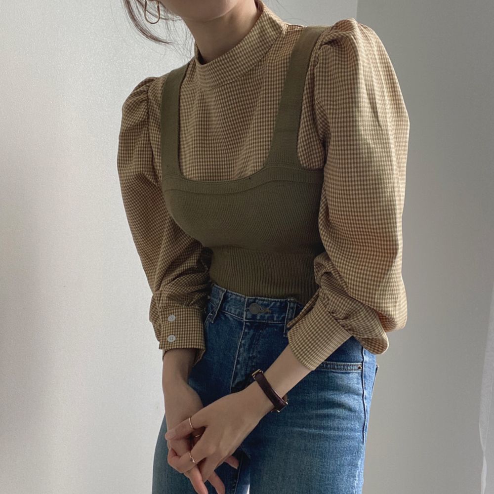 Nomikuma Korean Autumn Winter Women 2pieces Sets Puff Sleeve Stand Neck Plaid Blouse Shirt + Slim Sling Vest New Suit 6D120 210427