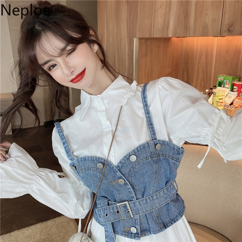 Neploe Korean Chic Suit Women 2 Piece Long Blouses Sets Puff Sleeve Turn-down Collar Tops Sashes Slim Cowboy Vest Two Piece Set 210422