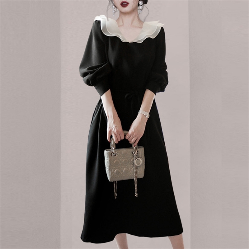 Women Spring Autunm Dresses Ladies Long Sleeve Vintage High Waist Mid-Length Black Vestidos 210520