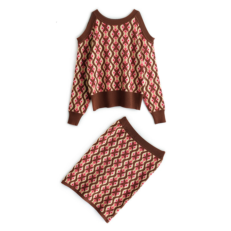 Women Jacquard Knit Off Shoulder Long Sleeve Pullover Sweater + Bodycon Mini Skirt Suits For Autumn Woman Skirt Set 210515