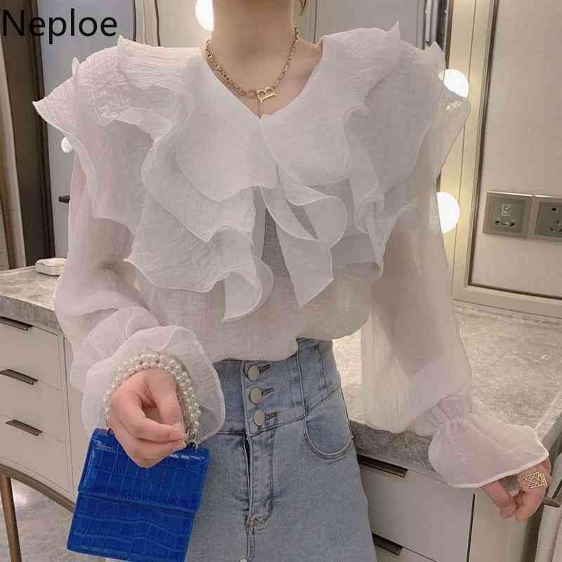Neploe Fashion Women Blouse Flare Sleeve V Neck Heavy Ruffle Loose All-match Shirt Korean Chiffon Blusas White Elegant Tops 210422