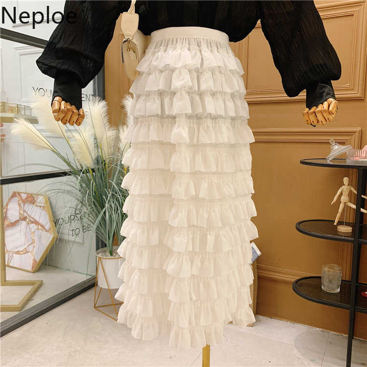 Neploe Ruffle Patchwork Chiffon Skirt Women Spring Summer Korean High Waist Cute Skirts Female White Fashion Pleated Faldas 210422