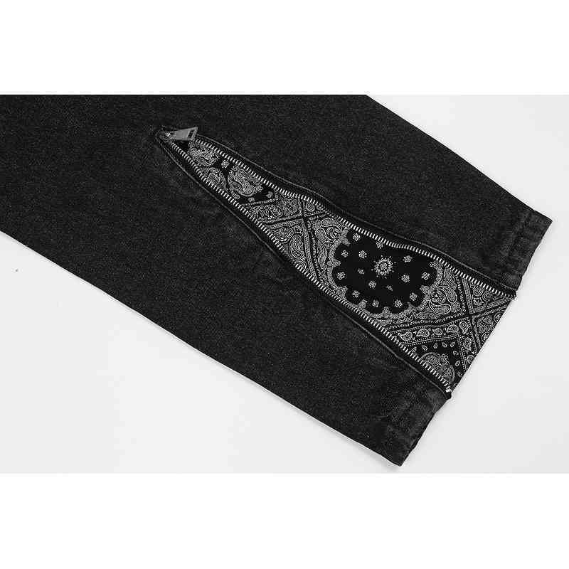 IEFB Streetwear Men's Black Jeans Cashew Flower Print Patchwork Zipper Bottoms Straight Wide Leg Pants Denim Trousers 210524