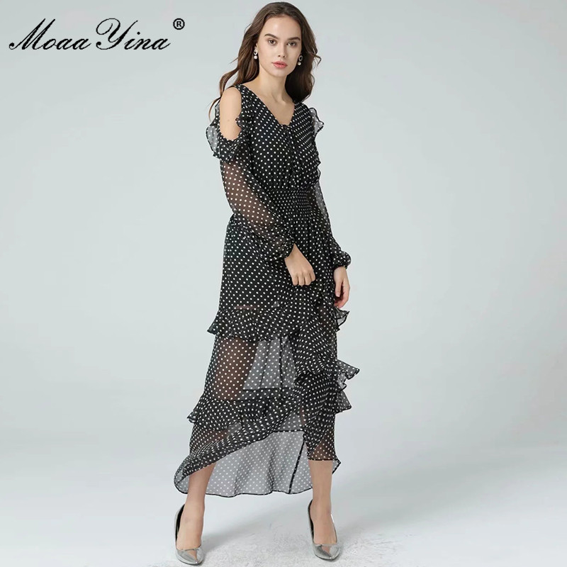 Spring Runway Elegant Polka Dots Print Maxi Women V-Neck Ruffle Long sleeve Sexy Black Club Party Dress Vestidos 210524