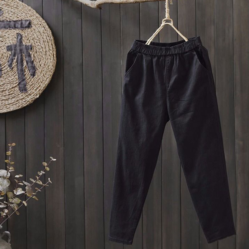 Spring Women Harem Pants Plus Size Elastic Waist All-match Casual Ankle-length Cotton Female Solid Khaki D149 210512