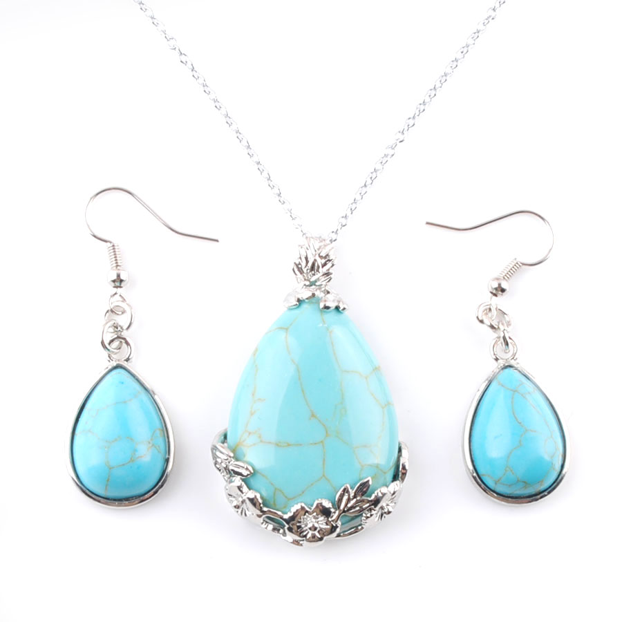 WOJIAER Fashion Woman Christmas Gift Water Drop Necklace Pendant Earrings Jewelry Sets Natural Gem Stone Silver BQ309
