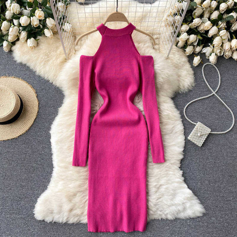 DEAT Women Knitting Dress Round Neck Long Sleeve Arrivals Lady Sexy Hollow Out Fashion Spring Autumn 11D 210709