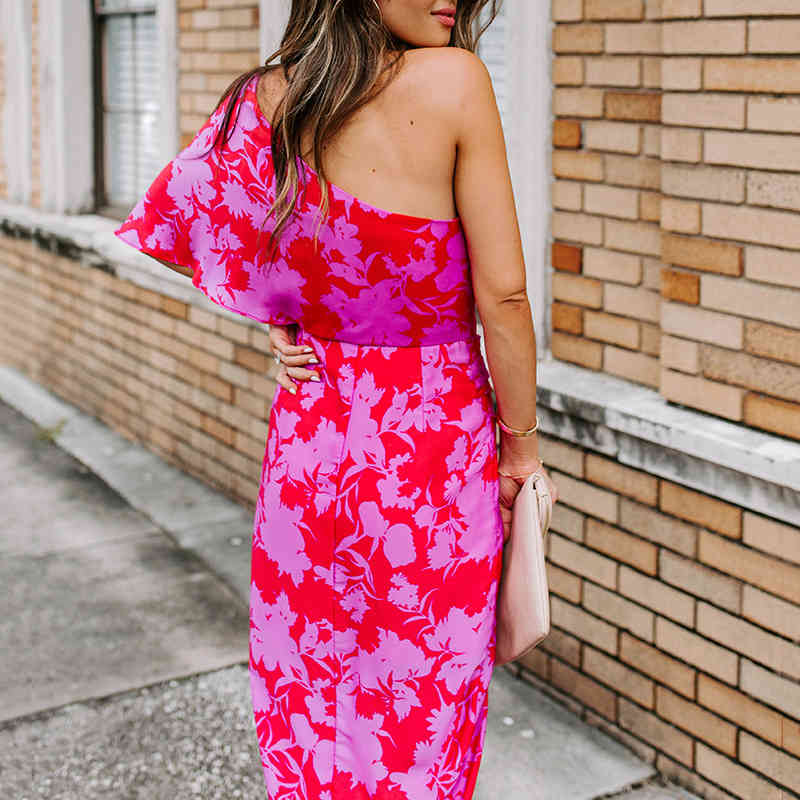 Women Dress Oblique Collar One Shoulder Printed Bohemia Dresses Sexy Long Floral Irregular Loose Summer 210513