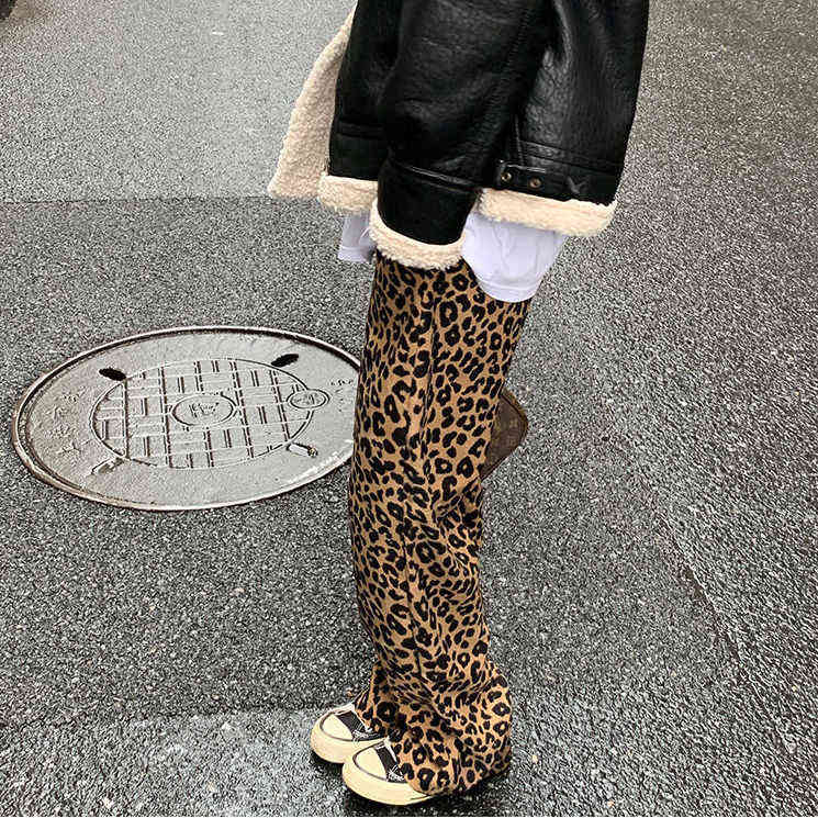 Korean leopard print wide leg pants high waist straight tube casual loose thin mops women fashion sweat 211115