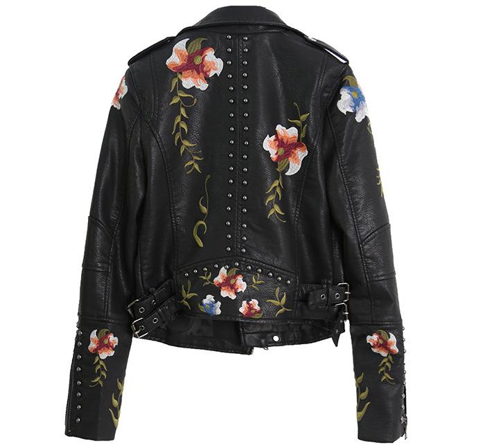 2021 Women's Jackets Women Floral Print Embroidery Faux Soft Leather Jacket Coat Turn-Down Collar Casual Pu Motorcycle Black Punk Oute