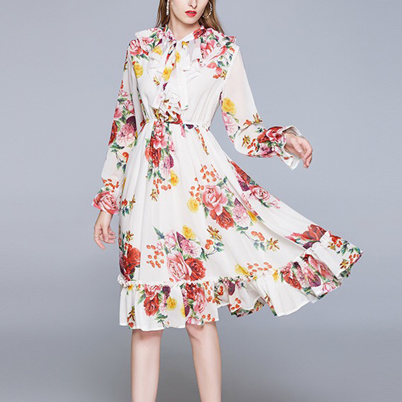 ruffles ruched flower printed midi dress elegant lady white chiffon boho dresses casual party plus size robe vestidos 210421