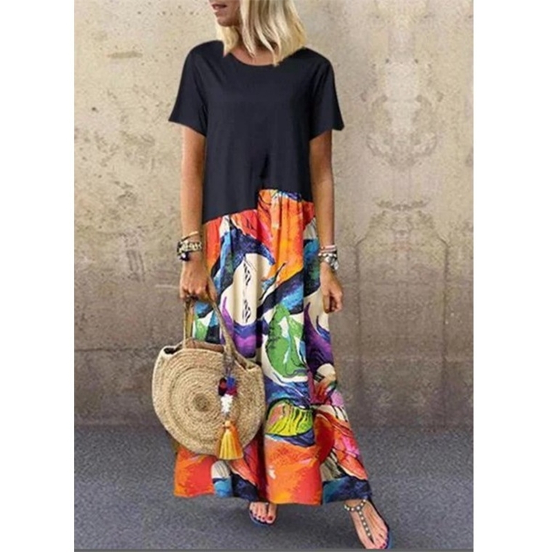 Women Dress Short Sleeve Color Matching Printing Dresses Plus Size Long Summer Clothes Fashion 210513