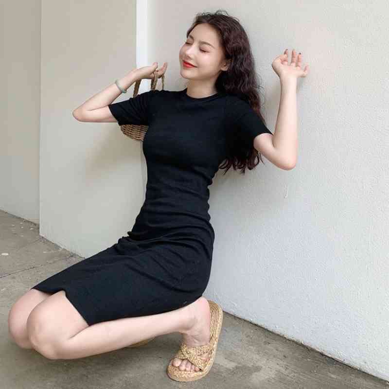 Summer Retro Pink High Elastic Wrap Hip Tight O Neck Short Sleeve Dress Women Mini Slim Waist All-match Basic Vestido Black 210429