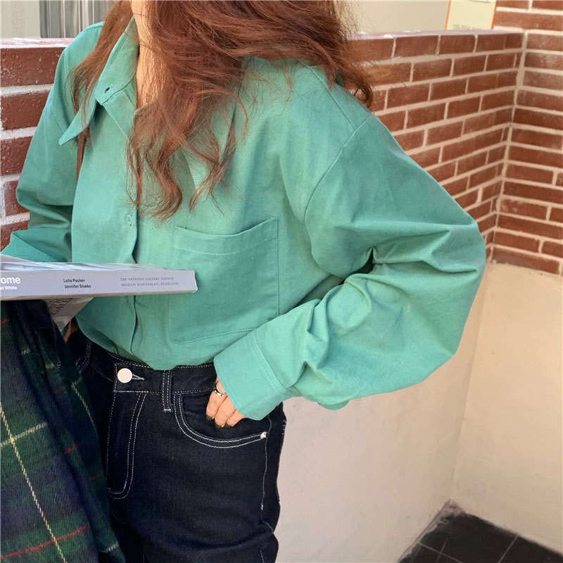 Spring Korea Fashion Women Long Sleeve Loose Green Shirts All-matched Casual Turn-down Collar Solid Blouses Tops V258 210512