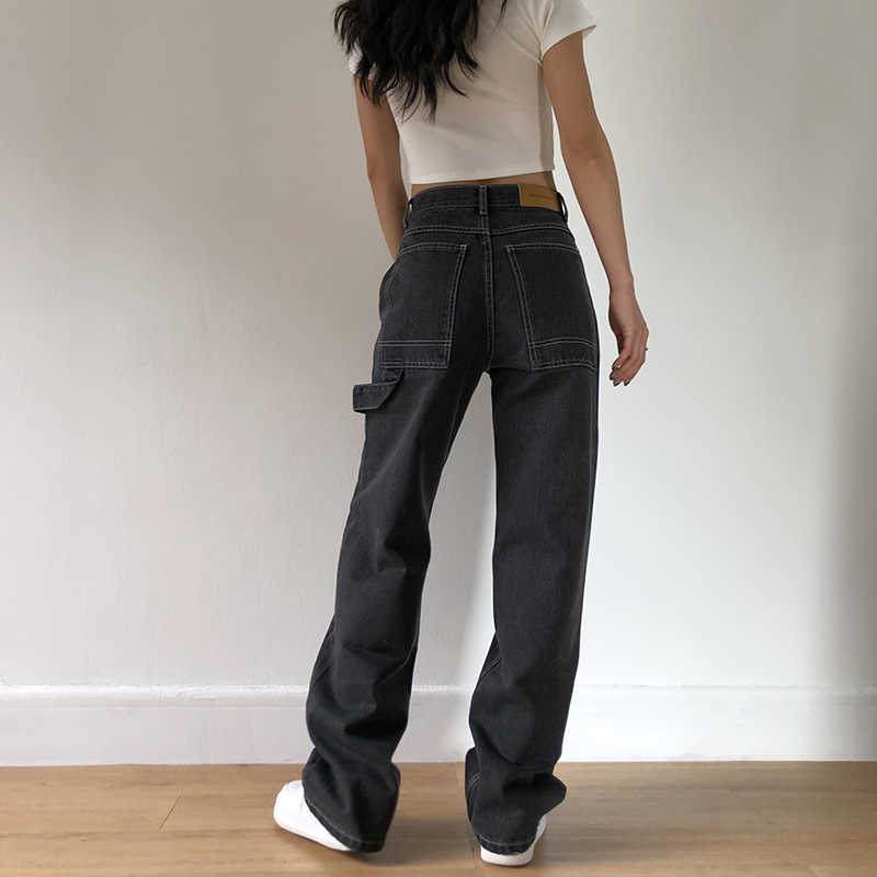 Baggy Jeans for Women Loose High Waist Boyfriend Mom jeans Big Pockets Black Straight Denim Pants Fashion 201020