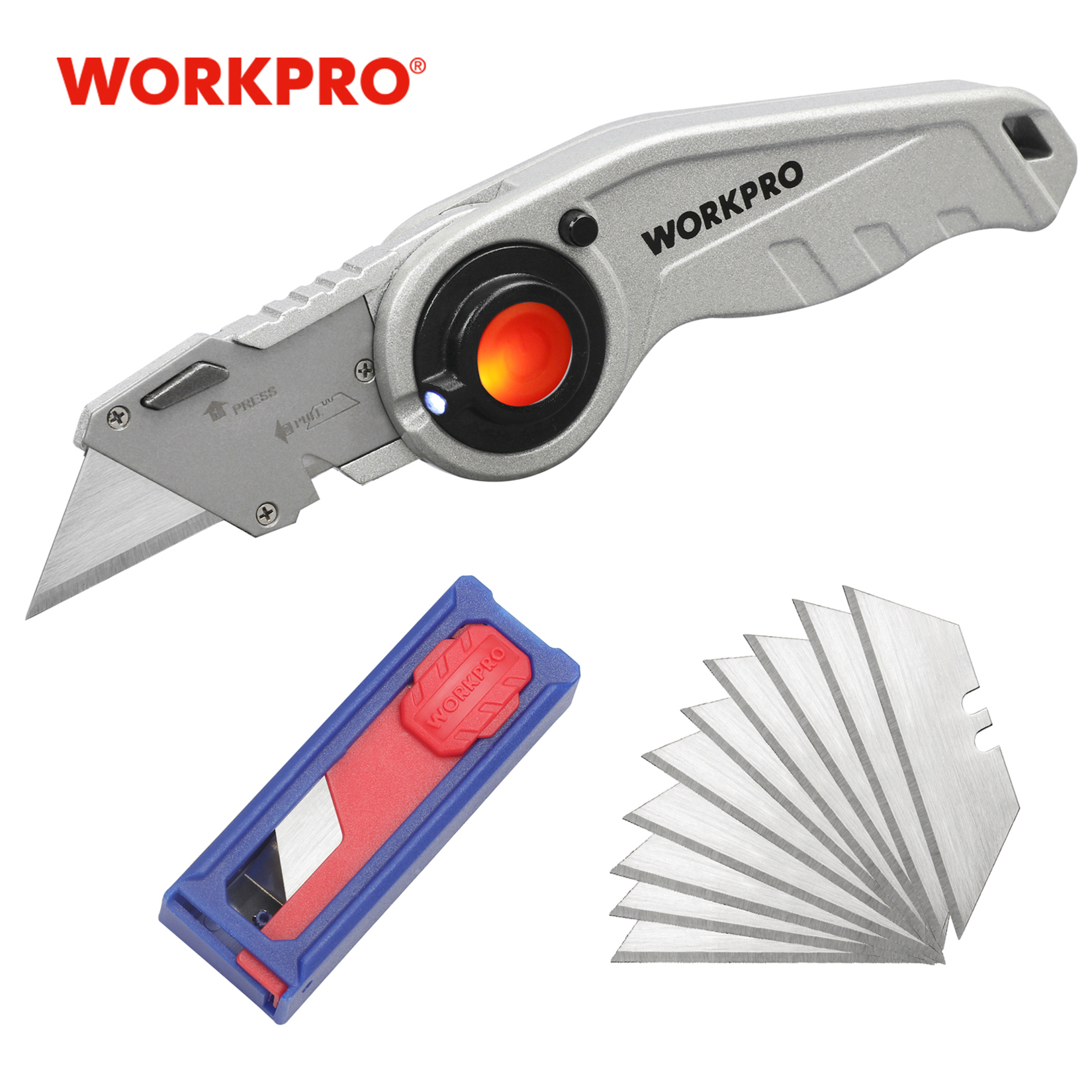 WORKPRO Heavy Duty Foding Utiity Knife with Wire Stripper Quick-Change Mechanism Safety ock and ED ight
WORKPRO Heavy Duty Foding Utiity Knife with Wire Stripper Quick-Change Mechanism Safety ock and ED ight