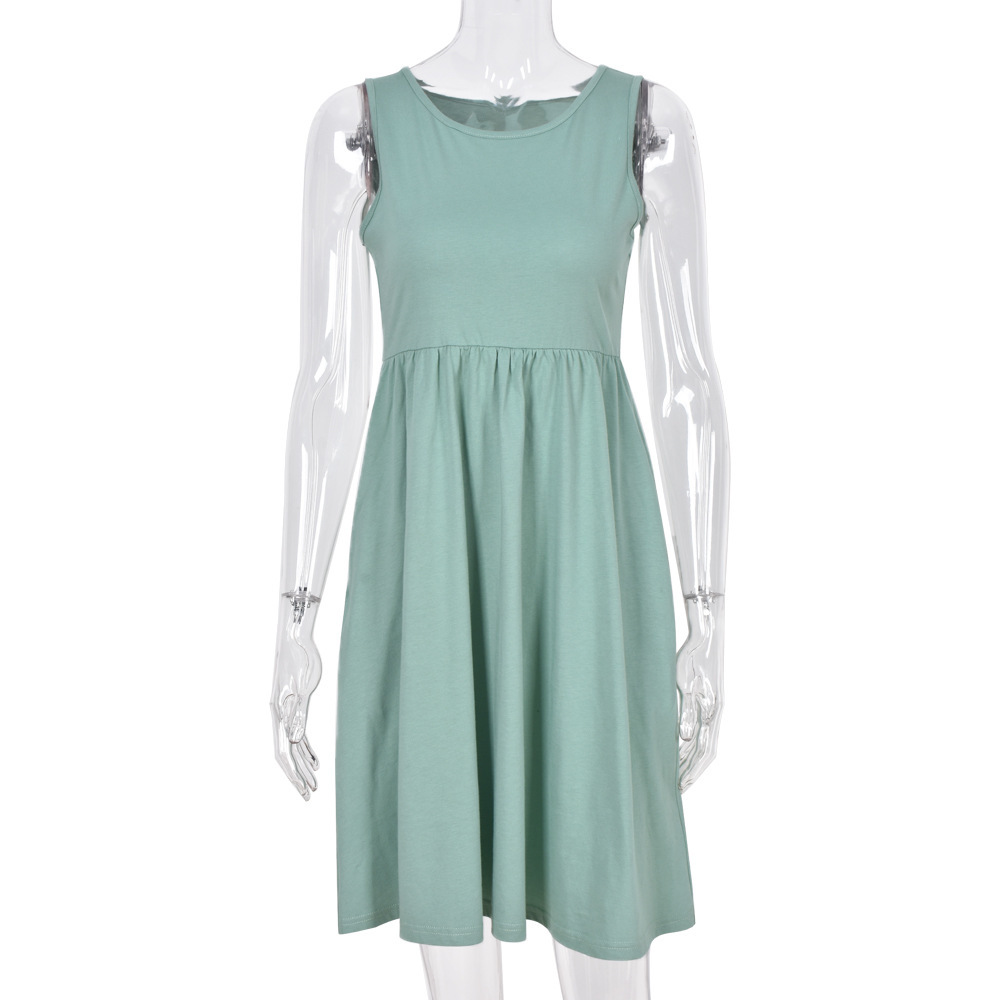 Summer Casual Dress Women Fashion O Neck High Waist Loose Big Swing Sleeveless Soild Color Beach Holiday Vestidos 210522