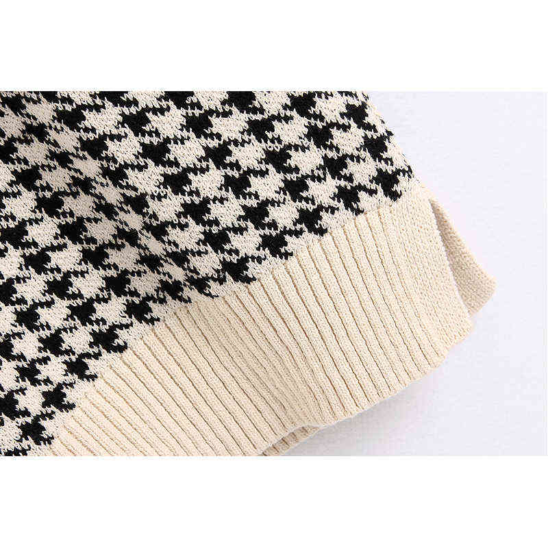 Vangull Fashion Oversized Houndstooth Knitted Vest Sweater Women Vintage Sleeveless Side Vents Female Waistcoat Loose Chic Tops 211120