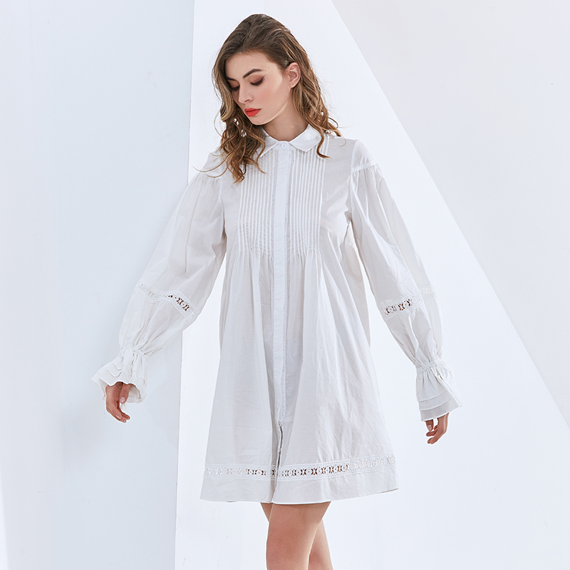 Loose Patchwork Pleated Dress For Women Lapel Long Sleeve Casual Elegant White Dresses Female Fashion Clothing 210520