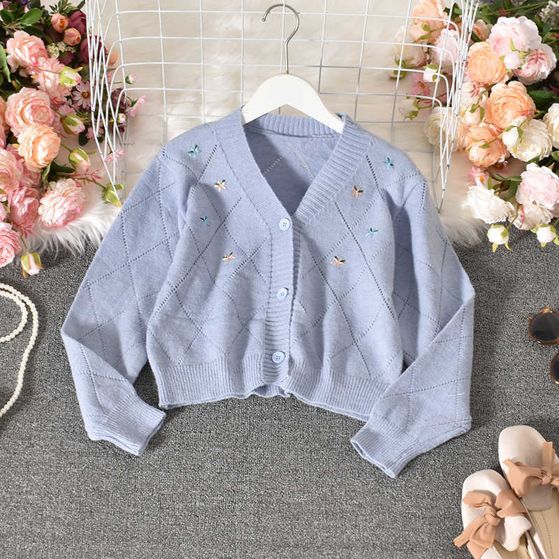 Floral Embroidery Women Sweater Coat Long Sleeve V-neck Hollow-out Knitwear Korean Causal Short Cardigan 4D245 210602