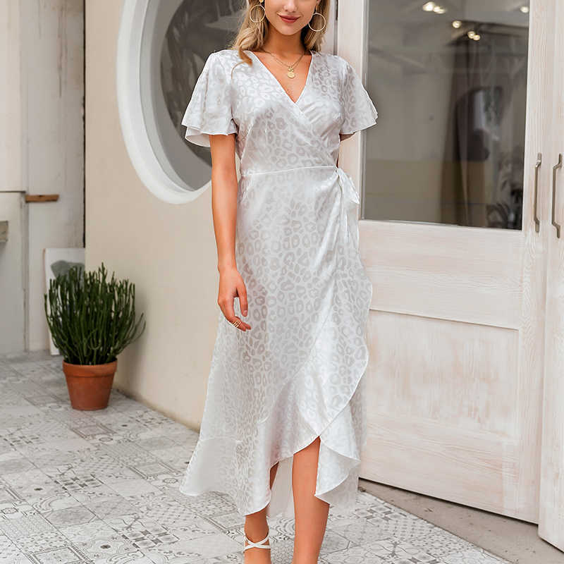 Affogatoo Sexy v neck leopard summer boho dress women Elegant ruffle wrap long dress Casual Holiday beach plus size ladies dress 210508