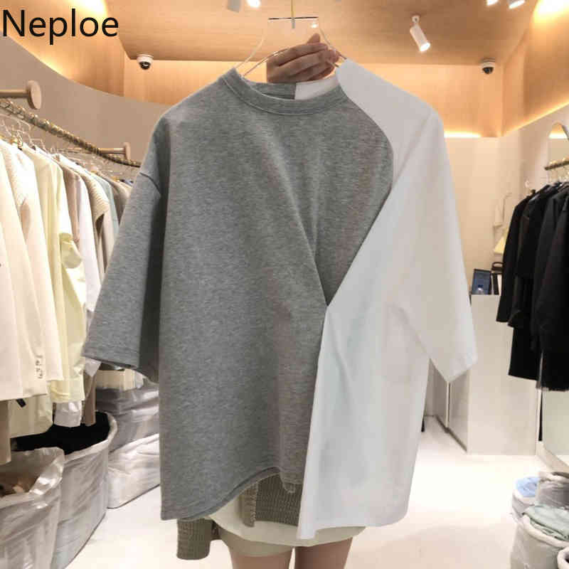 Neploe Korean Tops Summer Women Fashion Clothing O-neck Irregular Shirt Patchwork Contrast Color Tees Loose Casual Tshirt 210422