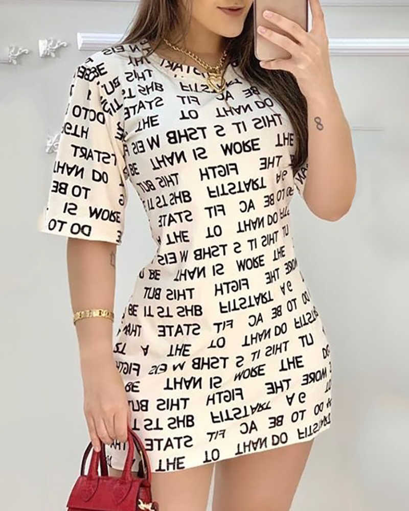 Summer Women Fashion Letter Printed Casual Short Dress Short Sleeve Bodycon Mini Dress 210716