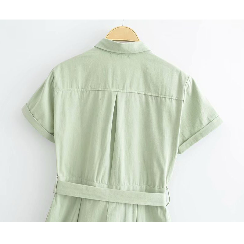 Chic Casual Belted Jumpsuit: Lapel Short Sleeves, Loose Fit With Pockets