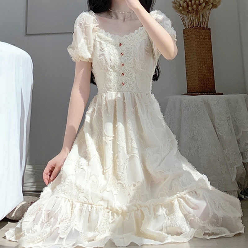 French Elegant Dress Women Button Lace Square Collar Dress Evening Party Vintage Sweet Female Summer Dress Korean 210521