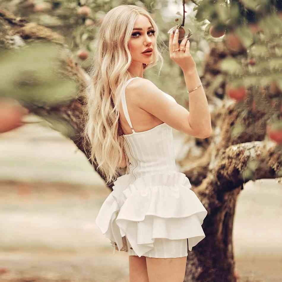 Women'S Red Ruffled Mini Dress Sexy Spaghetti Strap V-Neck Draped Bandage Bodycon Club Vestidos 210525