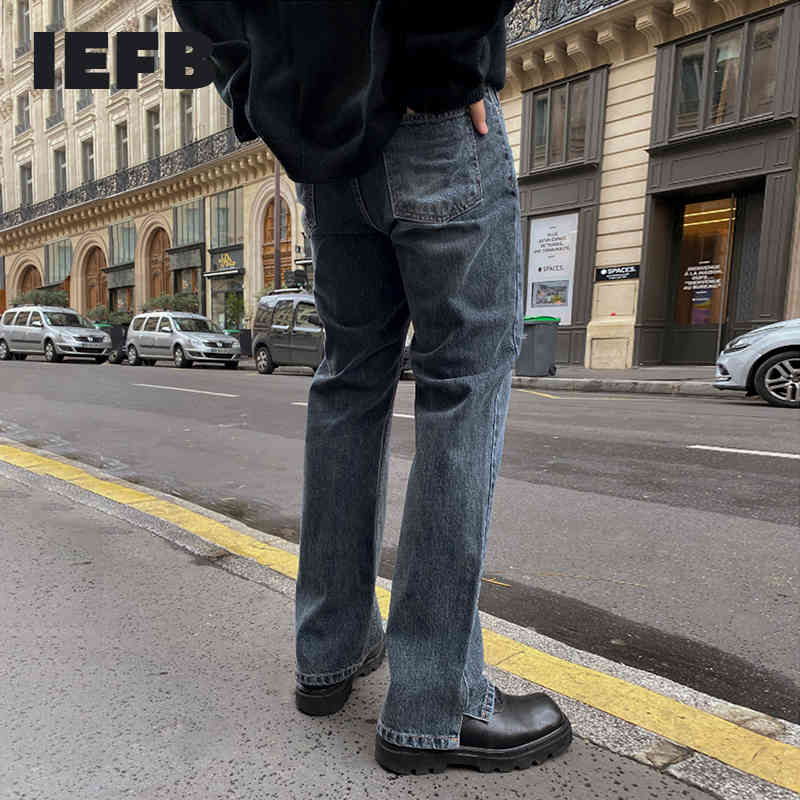 IEFB spring vintage jeans men's Korean fashion straight tube loose casual pants split bottoms trendy denim trousers 9Y4515 210524