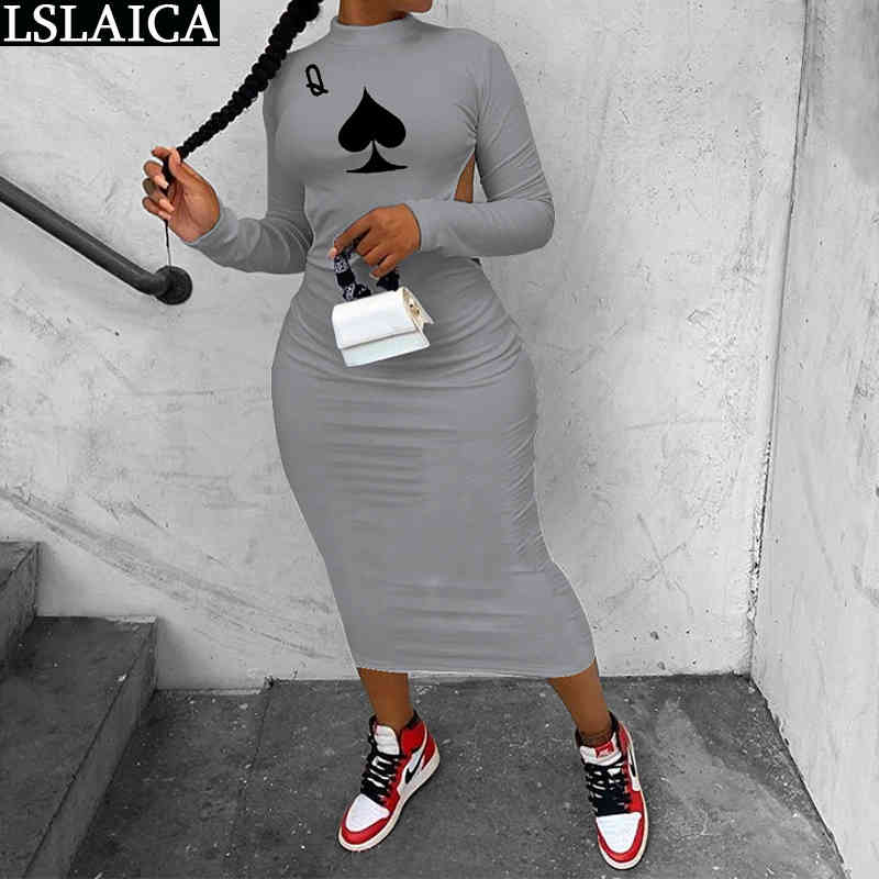 Sexy Dress Women Poker Print Autumn Stand Collar Backless Long Sleeve Hollow Bodycon Female Maxi Club Party Vestidos 210520