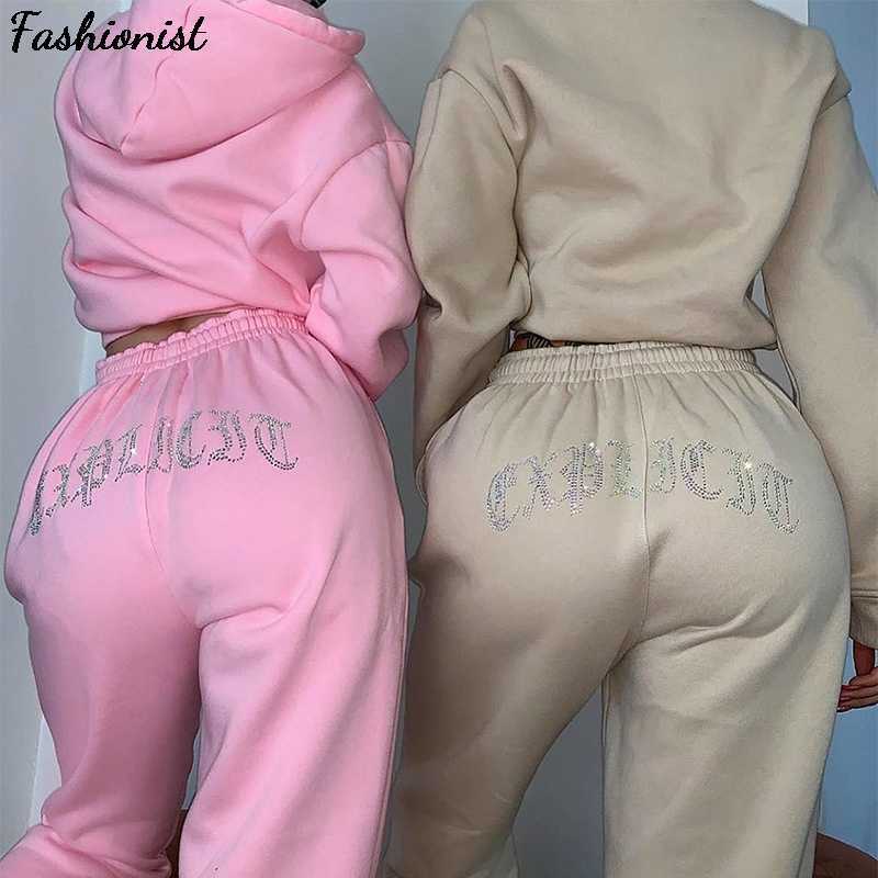 Women' High Waist Casual Two Piece Set Autumn Pink Sport Loose Thick Sweatpants Fashion Tracksuit Femme Blue Khaki 210709 
Women' High Waist Casual Two Piece Set Autumn Pink Sport Loose Thick Sweatpants Fashion Tracksuit Femme Blue Khaki 210709